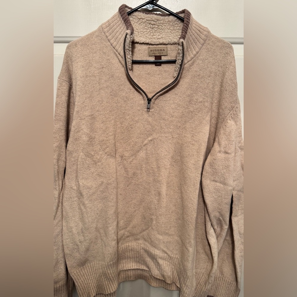 Sonoma Men's Beige Half-Zip Sweater with Sherpa Collar Trim